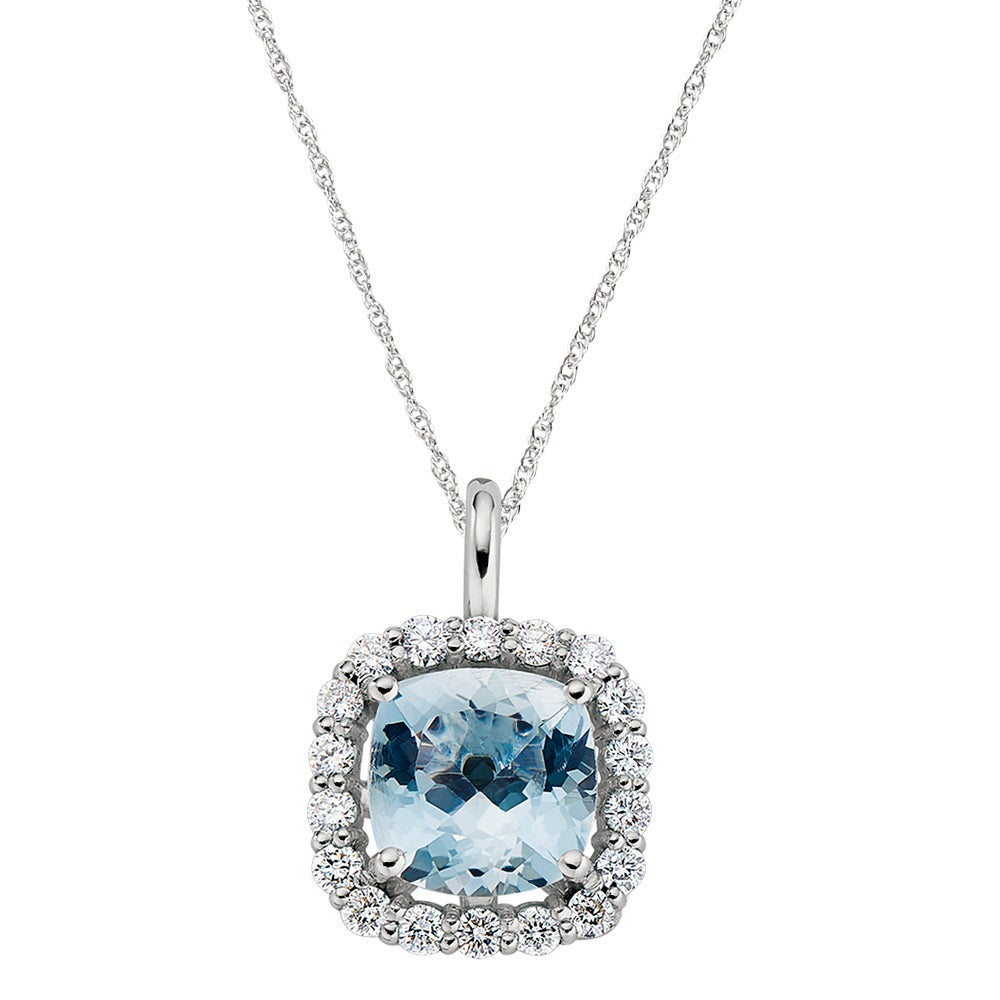 March Birthstone, Aquamarine Halo Necklace, aquamarine and diamond necklace, March birthstone necklace, pendant gemstone diamond pendant, gold gemstone diamond pendant