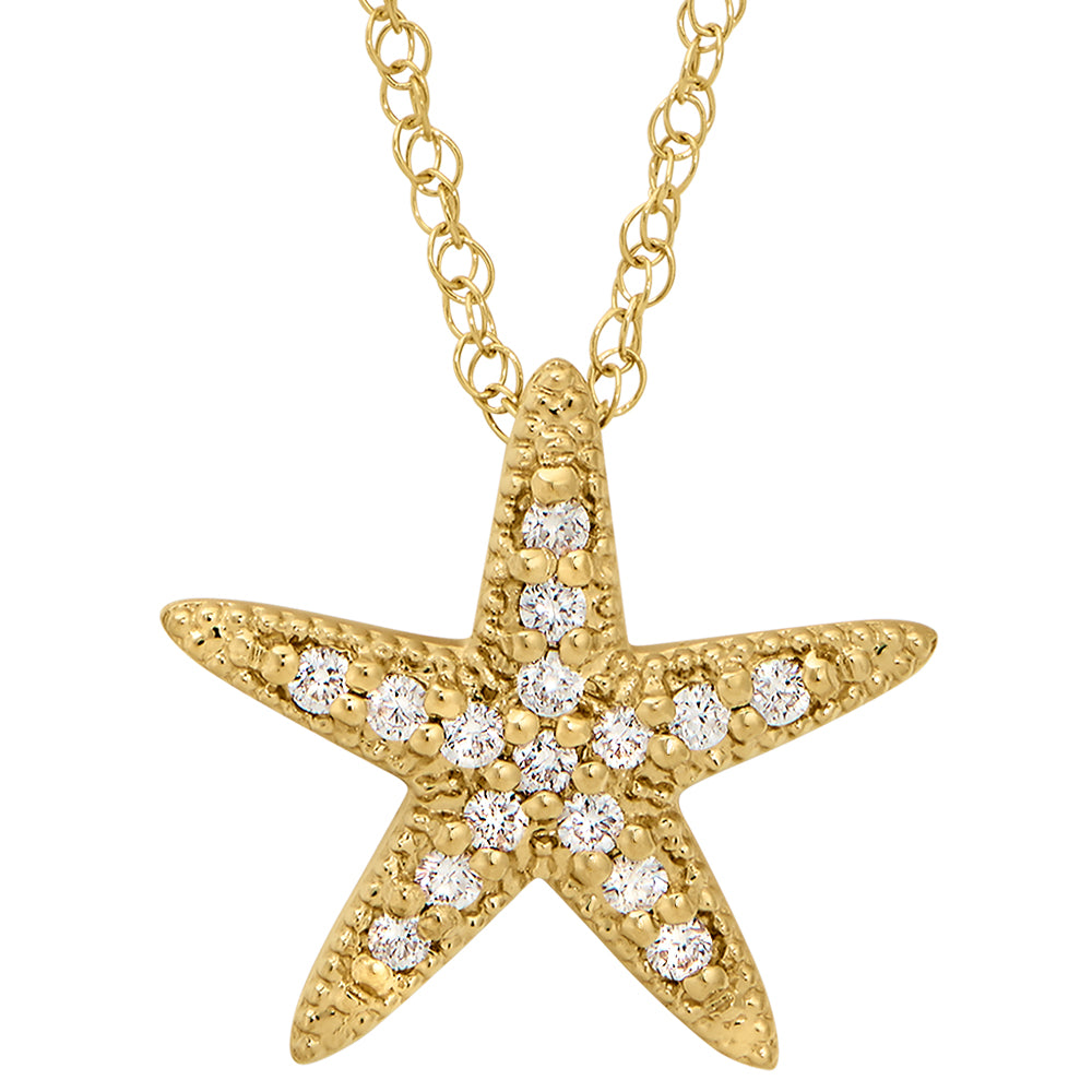 starfish gold diamond pendant, symbolic diamond jewelry, beach themed jewelry, diamond gold starfish pendant