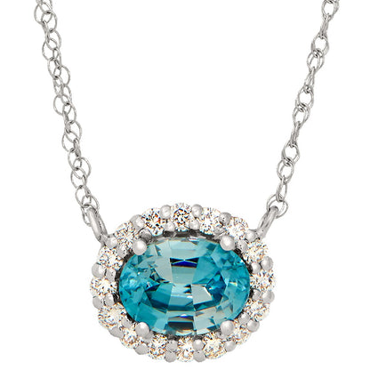 Blue Zircon halo side ways necklace, Blue Zircon halo necklace east west, Blue Zircon diamond necklace, blue zircon diamond gold necklace