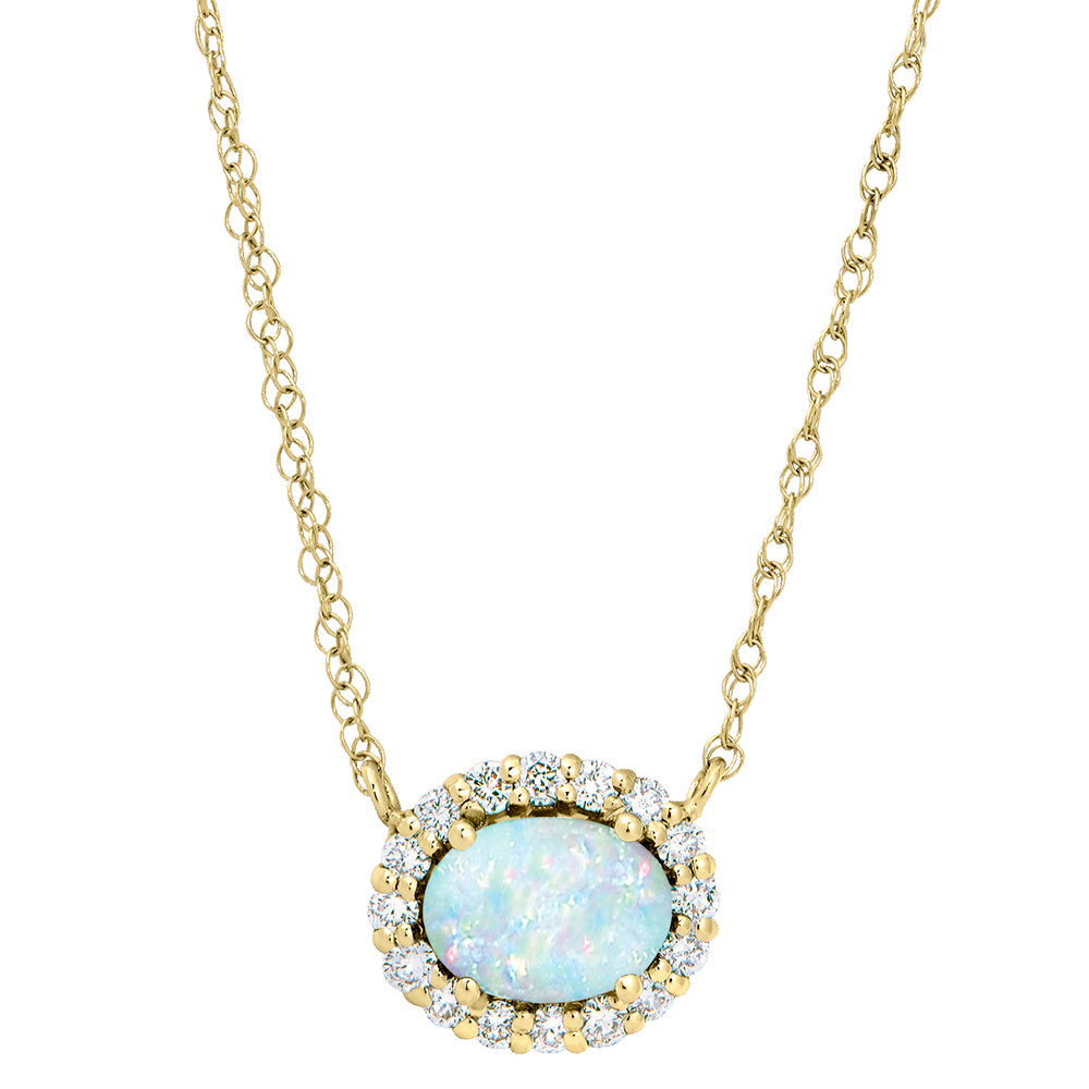 Opal halo side ways necklace, Opal halo necklace east west, opal diamond necklace, opal diamond gold necklace