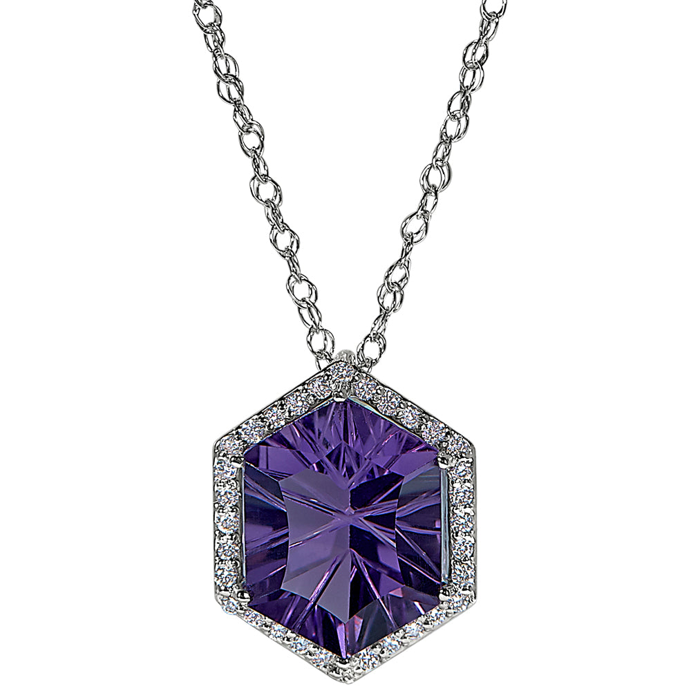 Hexagon Amethyst Halo Necklace, amethyst and diamond necklace for the red carpet, Large gemstone and diamond pendants, statement gemstone jewelry