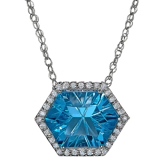 Hexagon Blue Topaz Halo Necklace, Blue Topaz and diamond necklace for the red carpet, Large gemstone and diamond pendants, statement gemstone jewelry