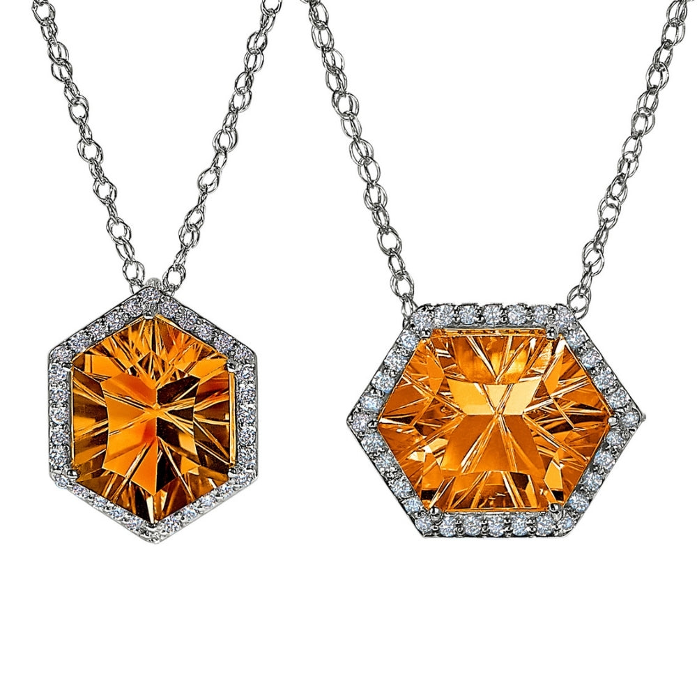 Hexagon Citrine Halo Necklace, Citrine and diamond necklace for the red carpet, Large gemstone and diamond pendants, statement gemstone jewelry
