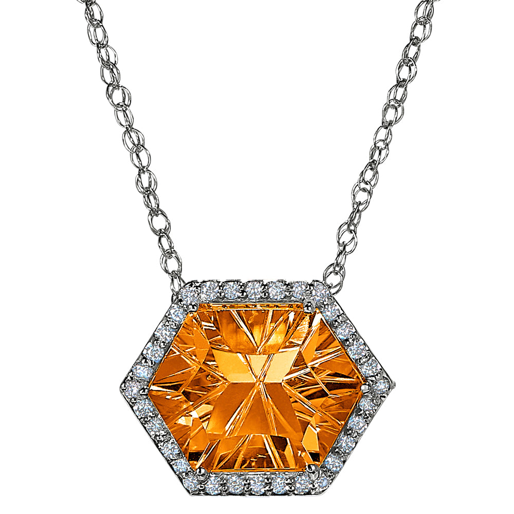 Hexagon Citrine Halo Necklace, Citrine and diamond necklace for the red carpet, Large gemstone and diamond pendants, statement gemstone jewelry