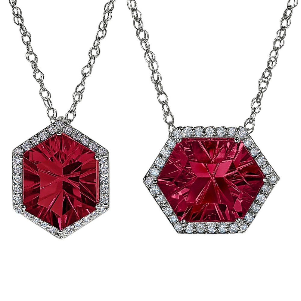 Hexagon Garnet Halo Necklace, Garnet and diamond necklace for the red carpet, Large gemstone and diamond pendants, statement gemstone jewelry