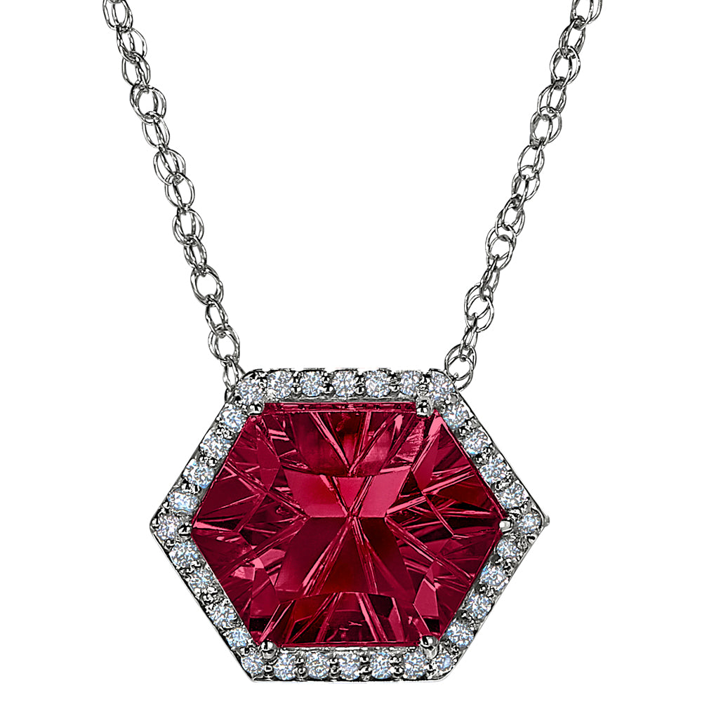 Hexagon Garnet Halo Necklace, garnet and diamond necklace for the red carpet, Large gemstone and diamond pendants, statement gemstone jewelry