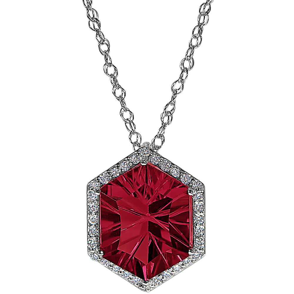 Hexagon rhodolite Halo Necklace, rhodolite and diamond necklace for the red carpet