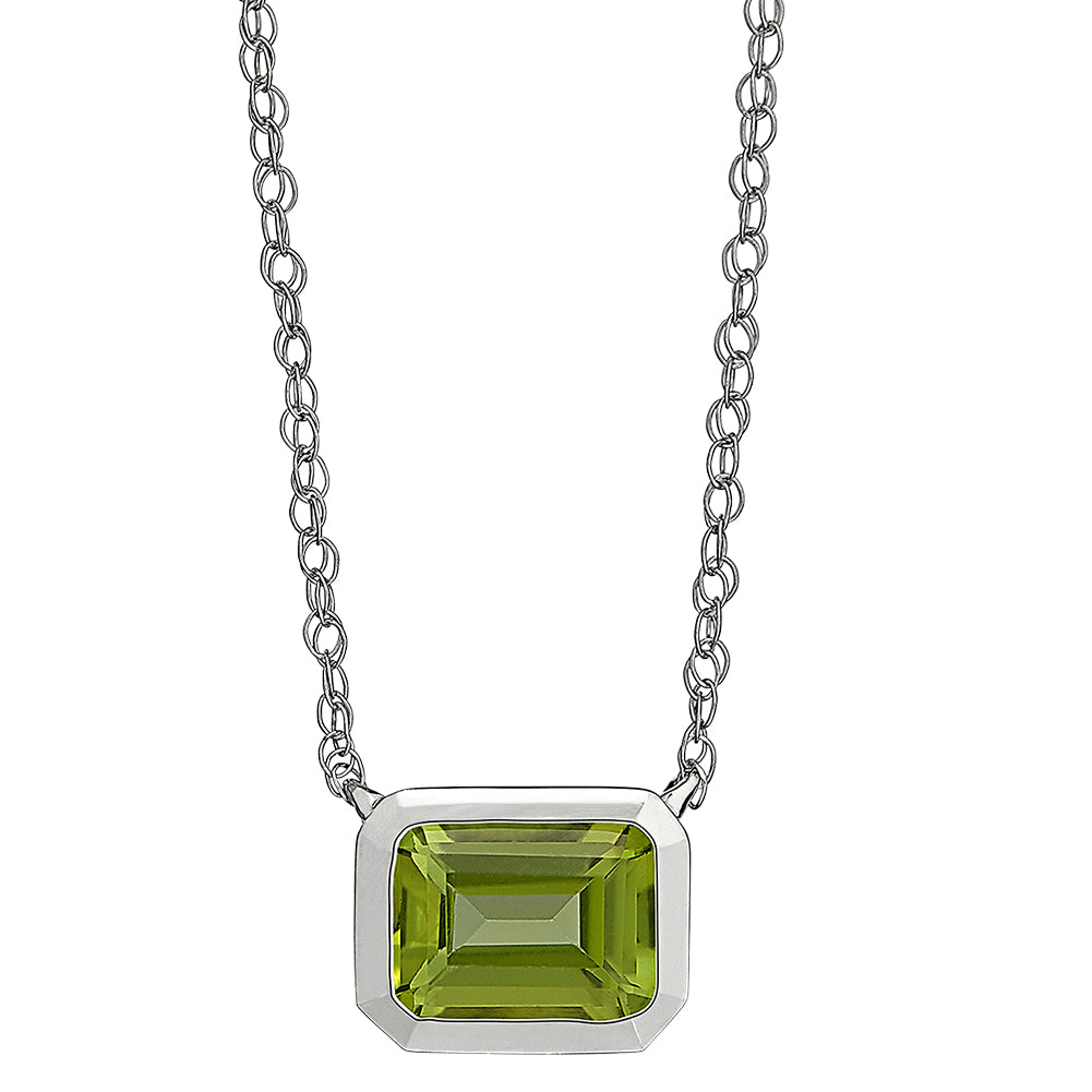 East West Emerald Cut Necklace for gemstones, modern gemstone necklace, simple gemstone necklace, peridot gold necklace, simple peridot gold necklace