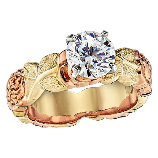 flower engagement rings, vintage engagement rings, unique engagement rings, pink and green gold engagement ring, rose engagement ring, hand engraved engagement ring, carved jewelry