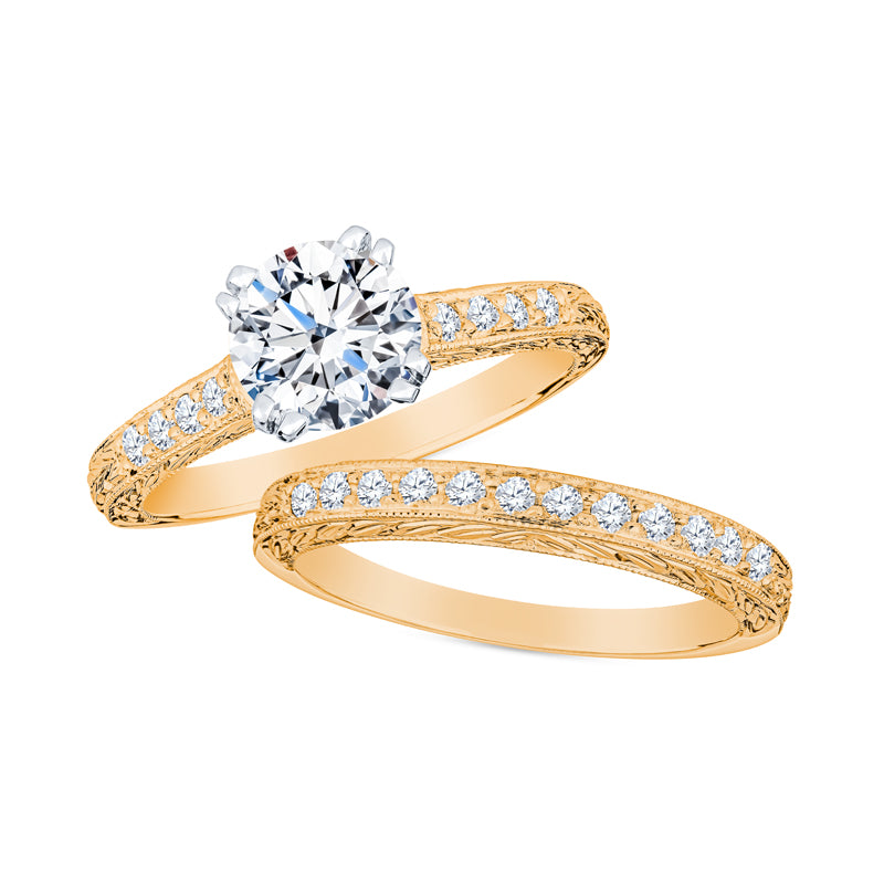 Round Morganite Engagement Ring Sets Floral Wedding Band 14K Rose Gold