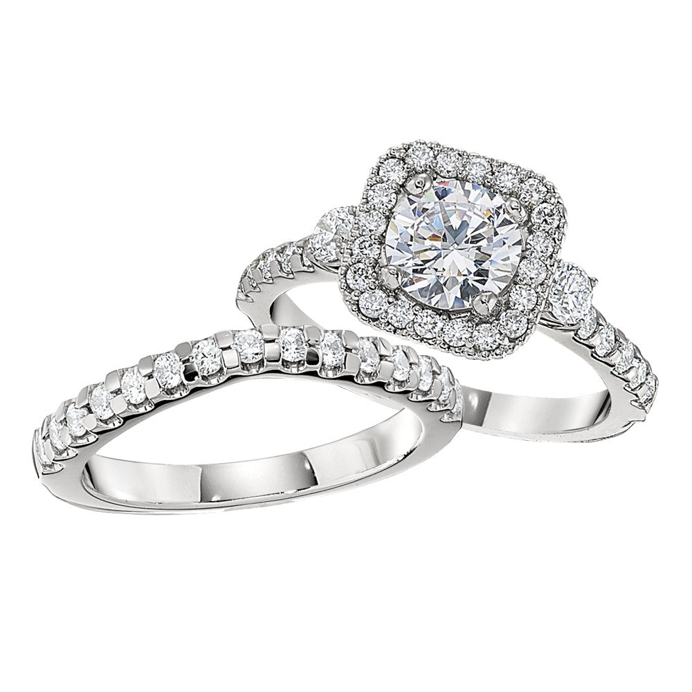 Halo engagement rings, three stone halo engagement rings, matching wedding bands