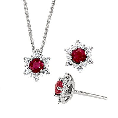 ruby and diamond pendant and earrings, ruby and diamond halo pendant and earrings, ruby and diamond starburst jewelry set, ruby and diamond snowflake jewelry set