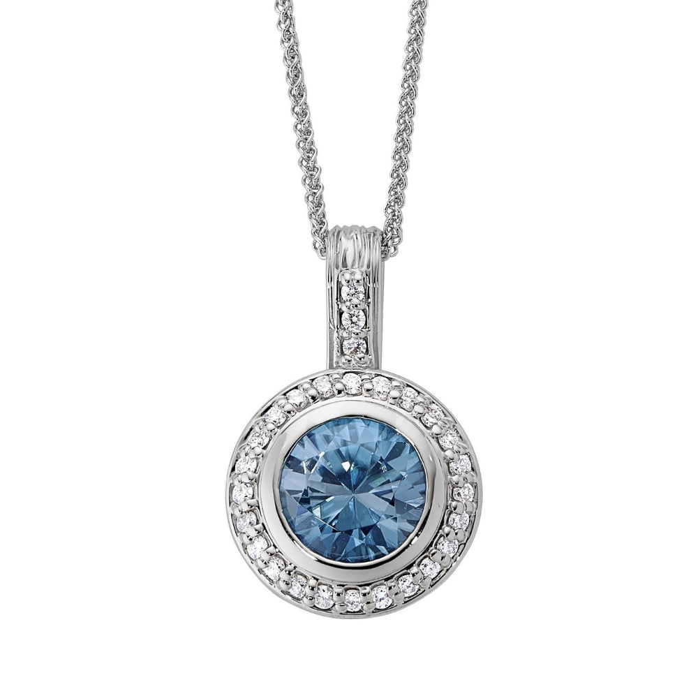 blue zircon vintage style halo pendant, december birthstone, blue zircon birthstone jewelry, gemstone diamond halo pendants