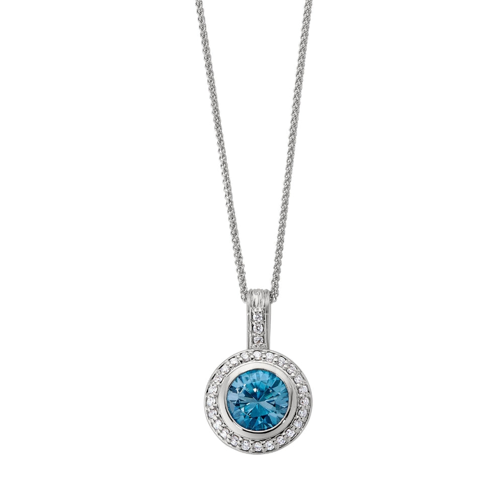 blue zircon vintage style halo pendant, december birthstone, blue zircon birthstone jewelry, gemstone diamond halo pendants