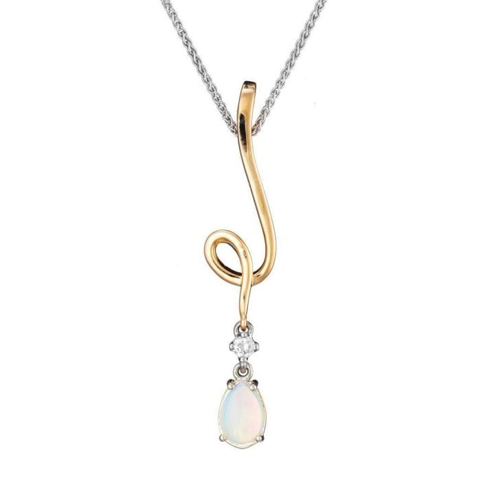 whimsical opal and diamond pendant, squiggle opal and diamond pendant, scribble pendant in opal and gold, opal diamond gold pendant, modern gold opal pendant