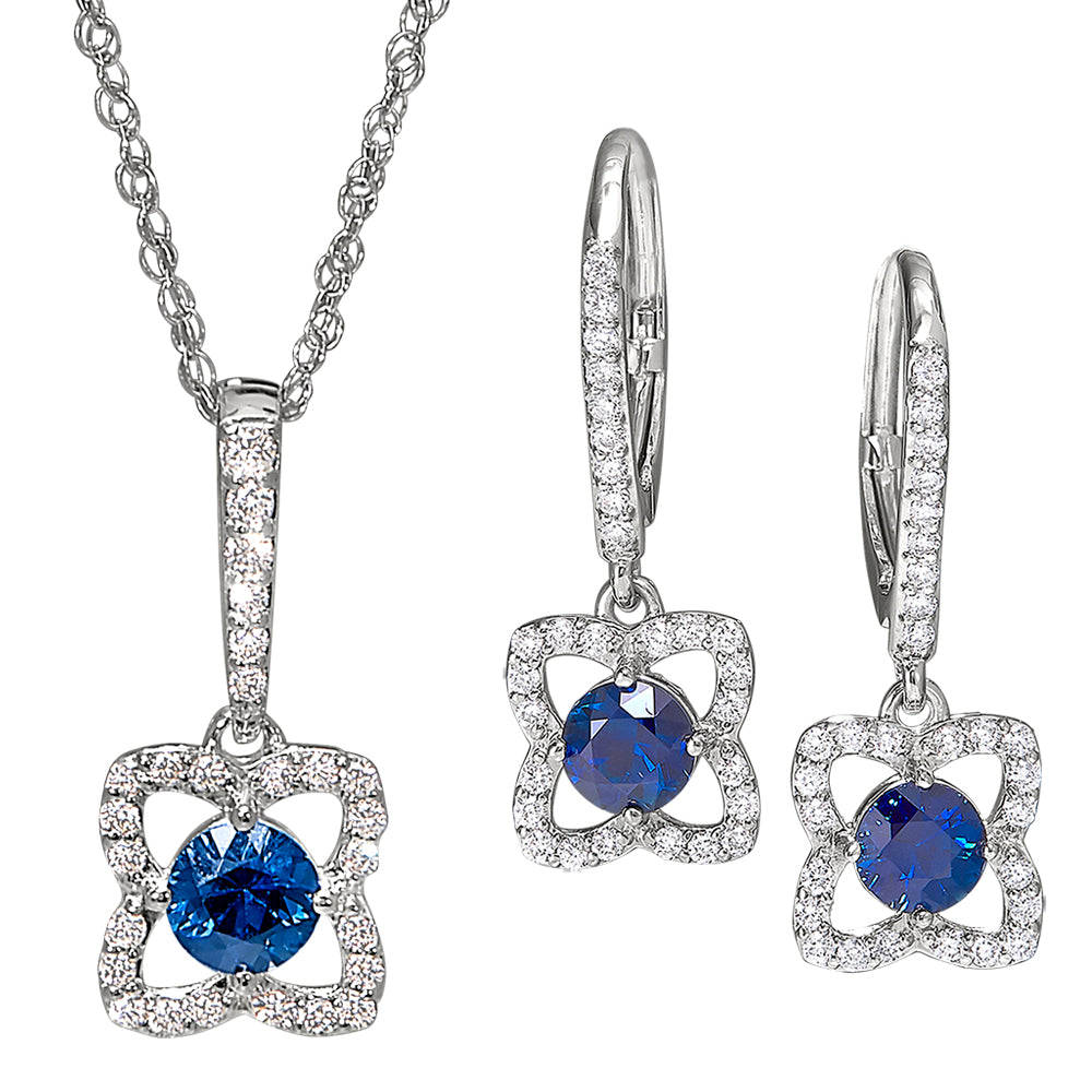 Flower sapphire and diamond earrings, Flower sapphire and diamond pendant, sapphire diamond gold necklace, long sapphire diamond necklace