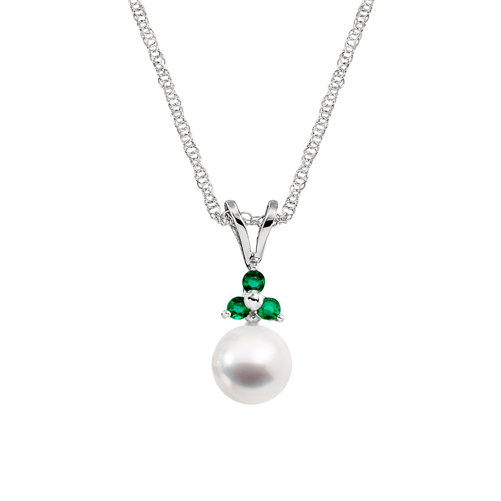 Cultured Pearl and Gemstone Jewelry, Cultured Pearl and Gemstone Pendant, Cultured Pearl Gold Pendants, Simple Gemstone Pearl Pendants, Cultured Pearl and Emerald Pendants, Pearl and Emerald Gold Pendants
