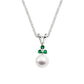 pearl three stone emerald gold pendant, pearl emerald gold pendant, classic pearl pendant, simple pearl and gemstone pendant