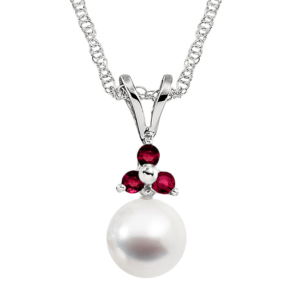 pearl three stone ruby gold pendant, pearl ruby gold pendant, classic pearl pendant, simple pearl and gemstone pendant