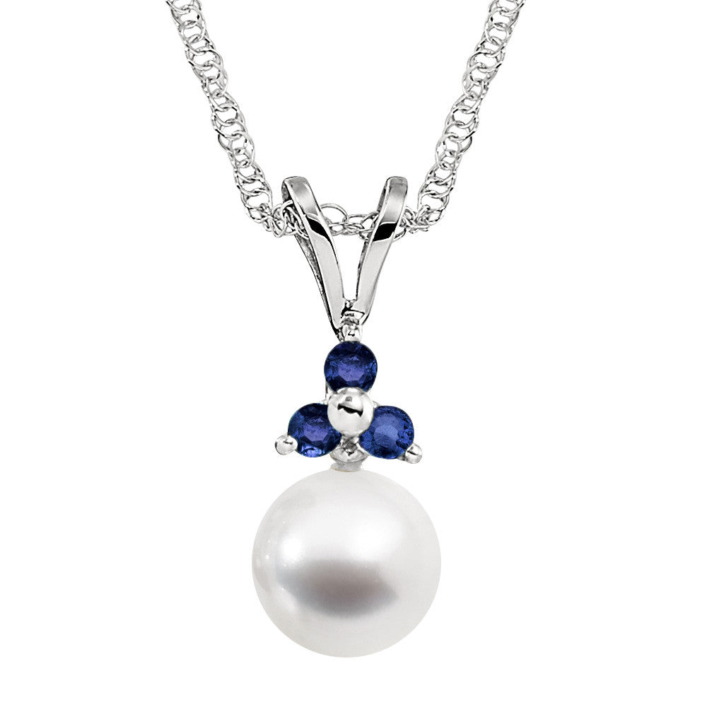 September birthstone jewelry, pearl and sapphire pendants, simple pearl and gemstone pendants, classic pearl pendants, three stone pearl pendant