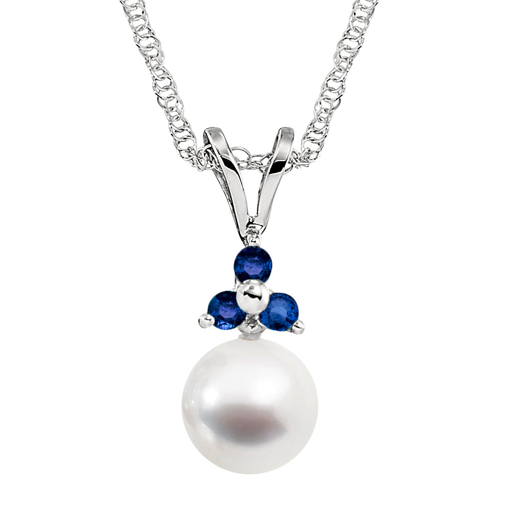 pearl three stone sapphire gold pendant, pearl sapphire gold pendant, classic pearl pendant, simple pearl and gemstone pendant