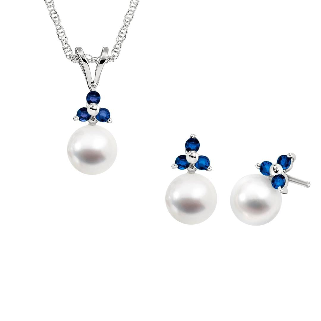 classic pearl earrings, simple peral earrings, gemstone and pearl earrings, three stone pearl earrings, gemstone and pearl earrings, gemstone and pearl three stone earrings, sapphire and cultured pearl earrings