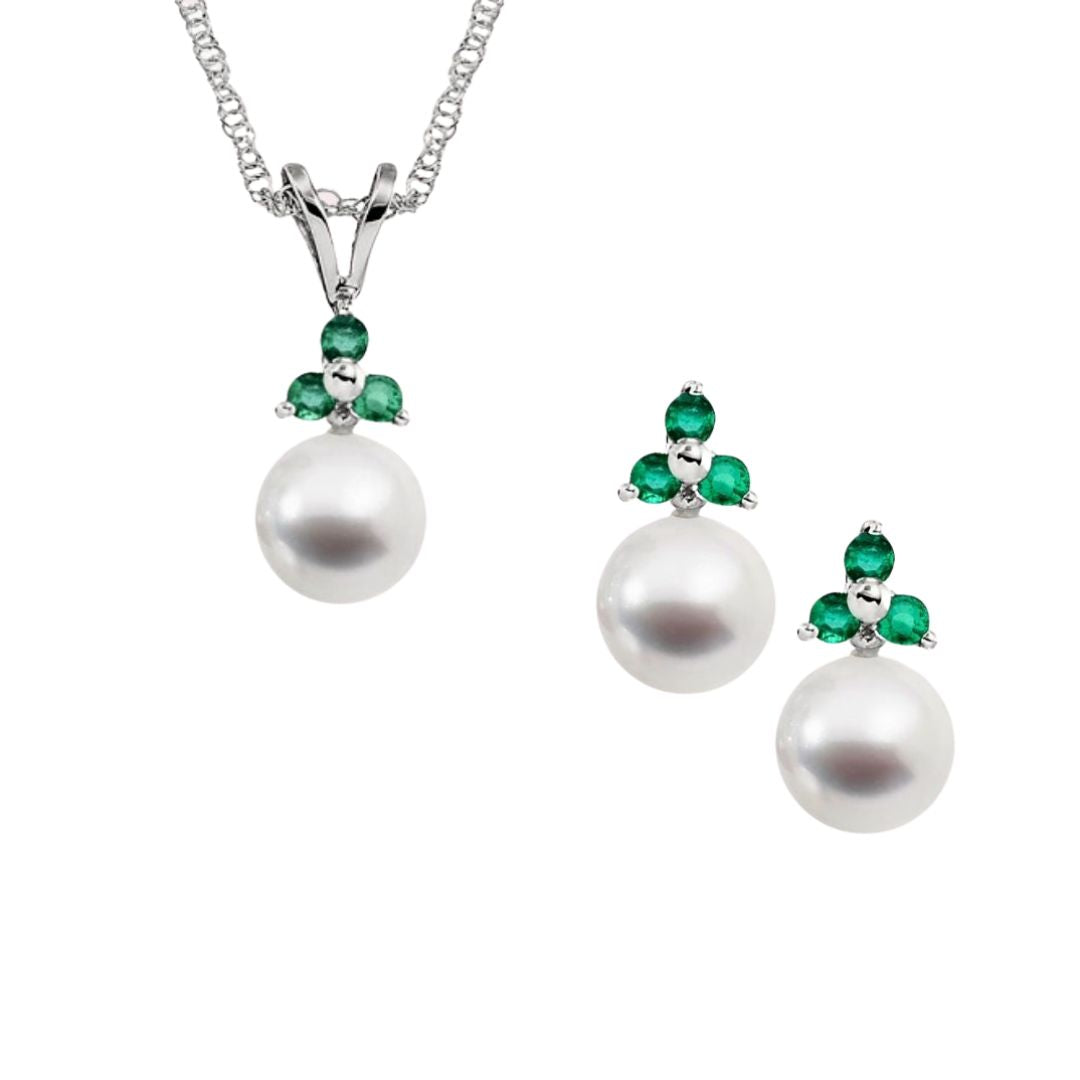 gemstone and pearl necklace and matching earrings, three stone pearl earrings and necklace, gemstone and pearl earrings and pendant, gemstone and pearl three stone pendant and earrigs, emerald pearl gold pendant and earring set