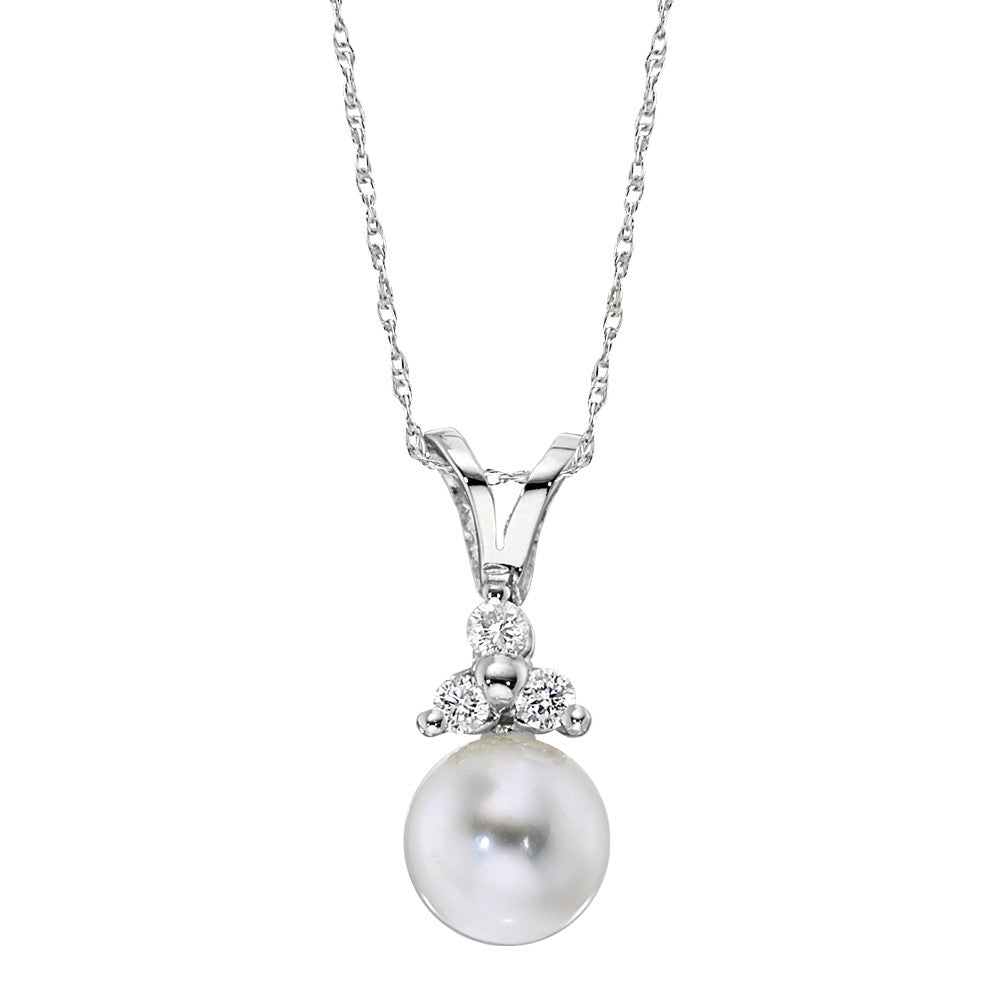simple pearl and diamond pendants, three stone pearl pendants, timeless pearl pendants