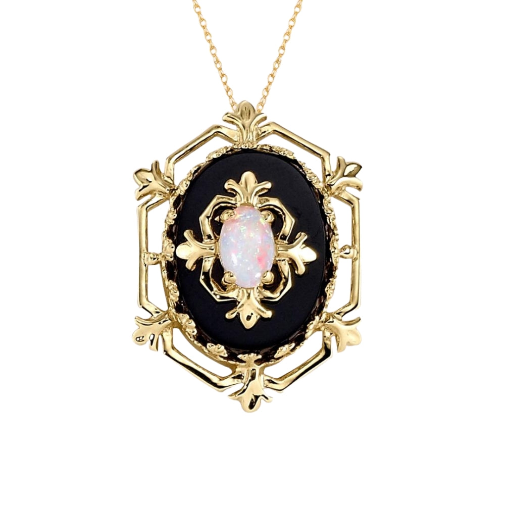 vintage pendant, antique pendant, opal and onyx pendant, unique pendant, fleur de lis vintage pendants, vintage opal pendant, antique opal gold pendan