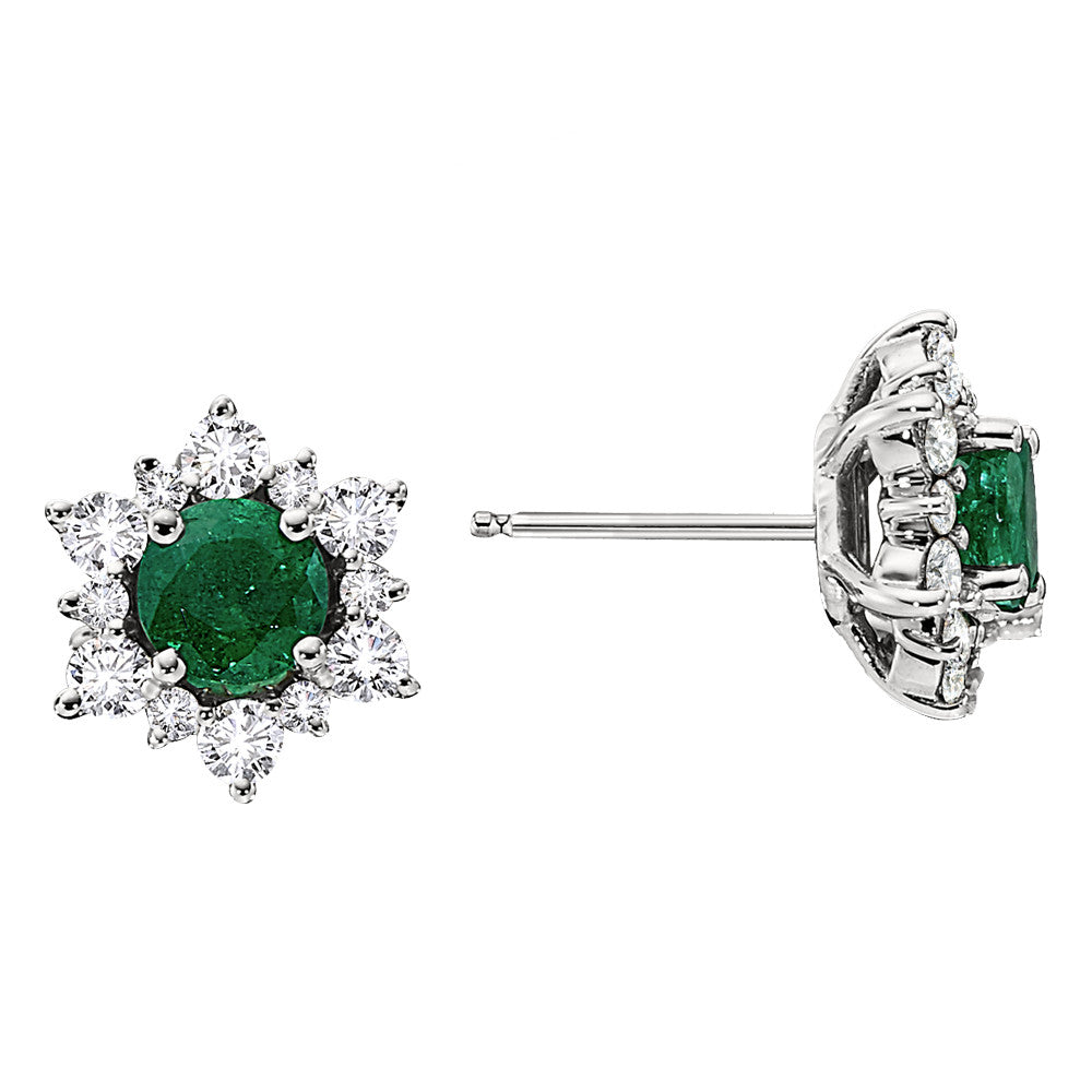 emerald and diamond earrings, emerald and diamond halo earrings, emerald and diamond gold starburst earrings, emerald and diamond snowflake earrings