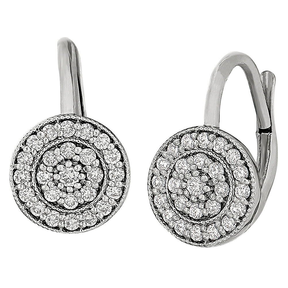 diamond mandala earrings, round diamond earrings, concentric diamond cirlce leve back earrings