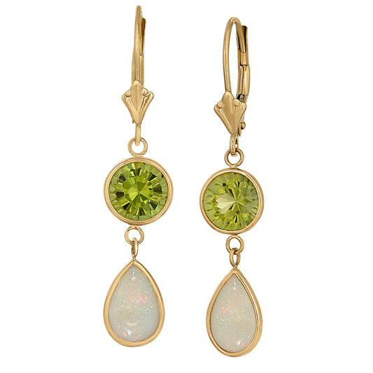 Opal and Peridot dangle earrings, boho gold peridot and Opal earrings, Fleur de Lis Gemstone Earrings, Dangle Earrings