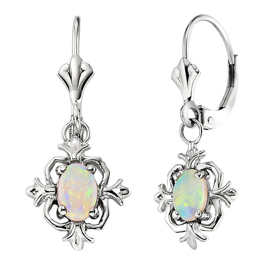 Fleur De Lis Dangle Earrings in Opal, October Fleur De Lis Birthstone, Vintage Style Fleur De Lis Opal Earrings