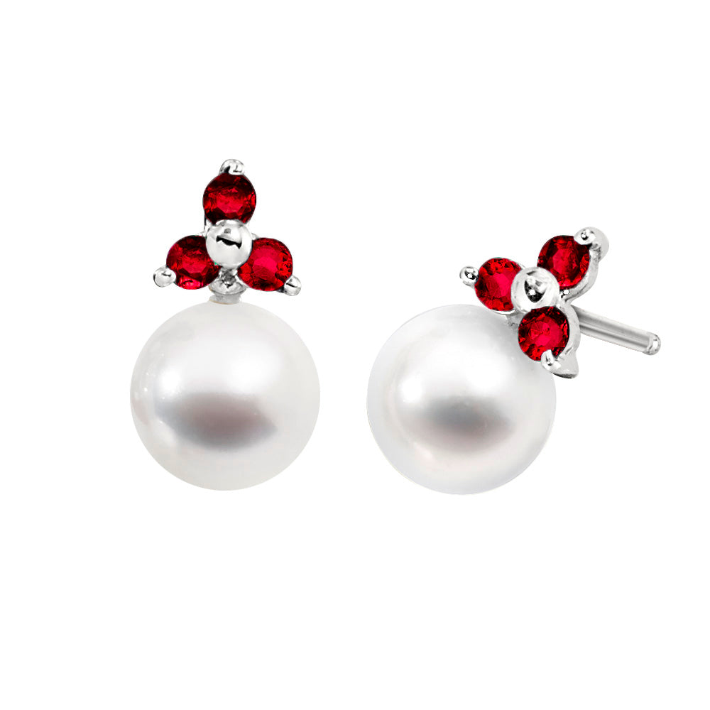classic pearl earrings, simple peral earrings, gemstone and pearl earrings, three stone pearl earrings, gemstone and pearl earrings, gemstone and pearl three stone earrings, ruby and cultured pearl earrings