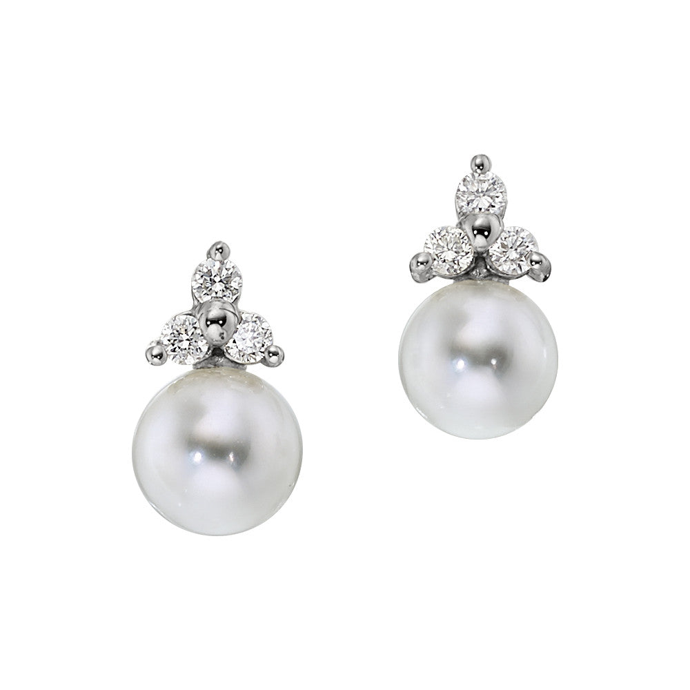 simple pearl and diamond earrings, three stone pearl earrings, timeless pearl earrings