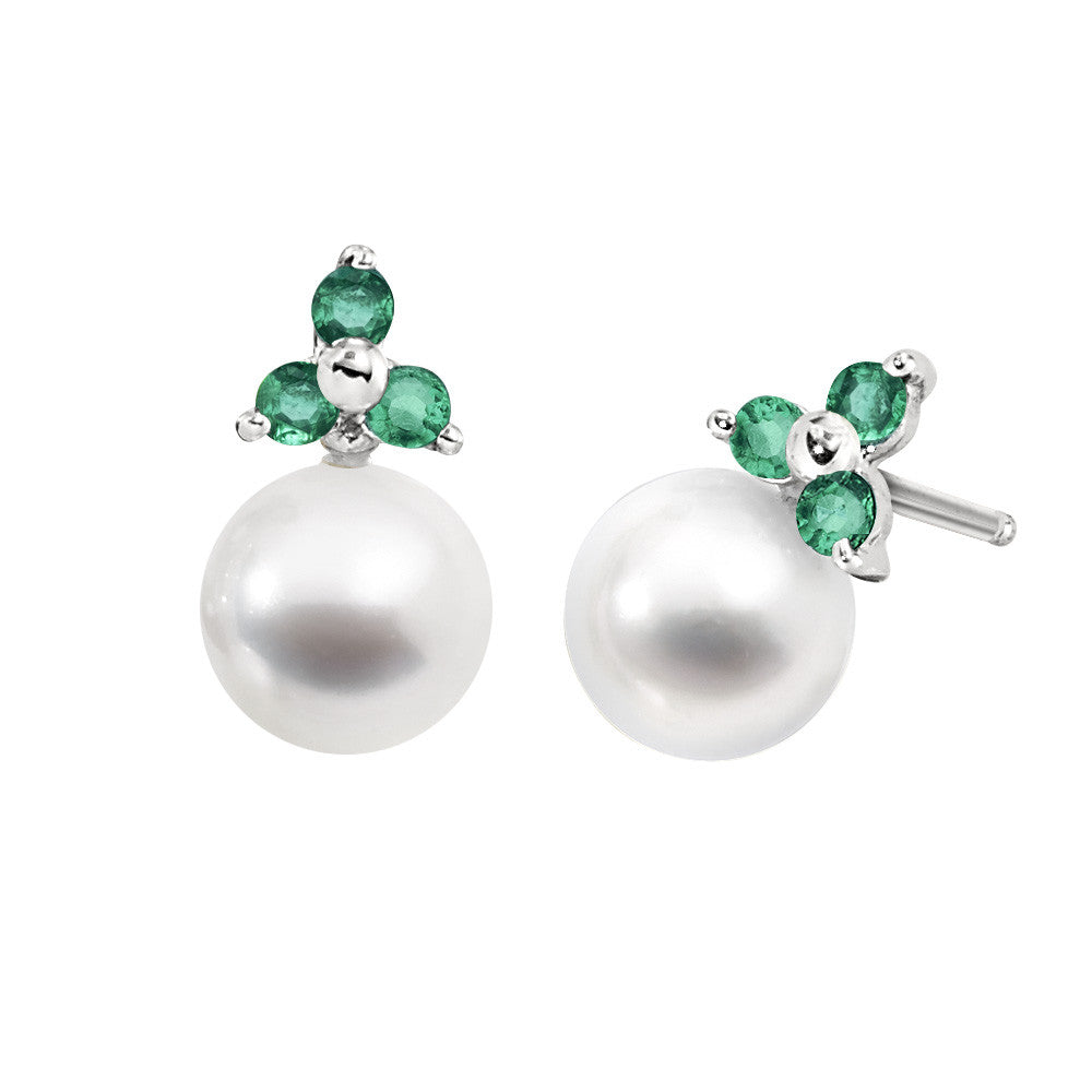 gemstone and pearl earrings, three stone pearl earrings, gemstone and pearl earrings, gemstone and pearl three stone earring, emerald pearl gold earrings