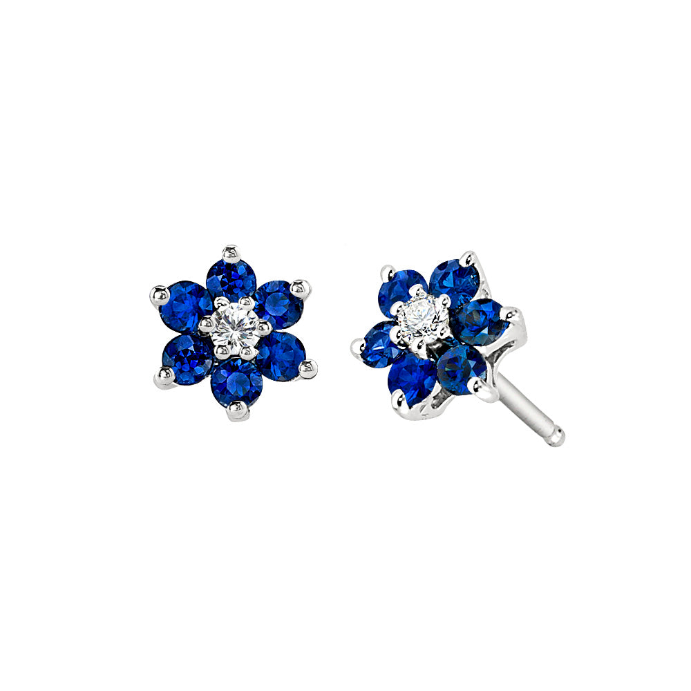 Sapphire Gold Earrings, sapphire earrings, flower gemstone earrings, gemstone gold flower earrings, diamond and sapphire jewelry, sapphire and diamond flower gold earrings