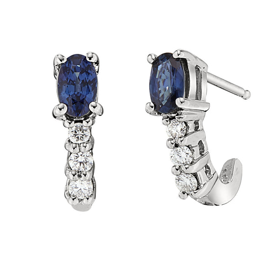 September birthstone jewelry earrings, sapphire and diamond hoop, sapphire j-hook, sapphire j-hook
