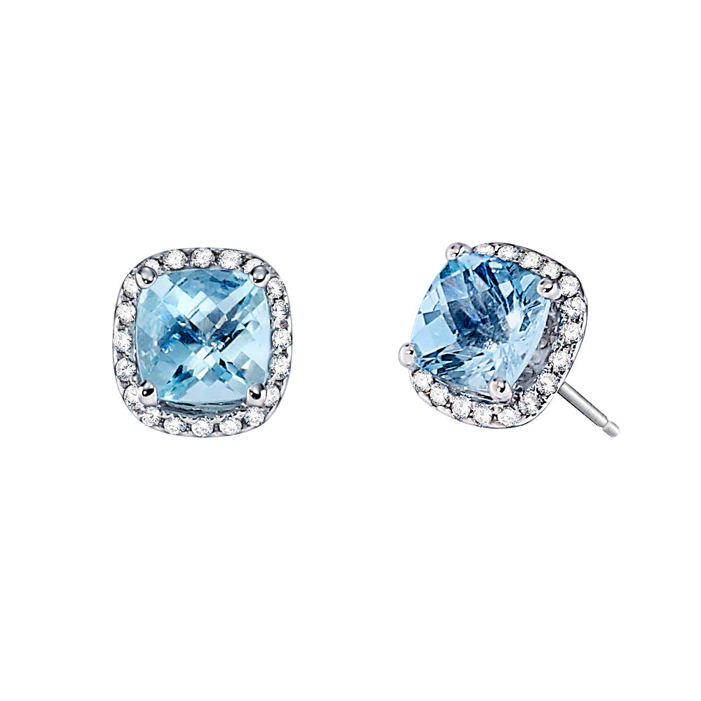 March Birthstone, halo gemstone earrings, gemstone halo earrings, aquamarine earrings, aquamarine and diamond gold earrings