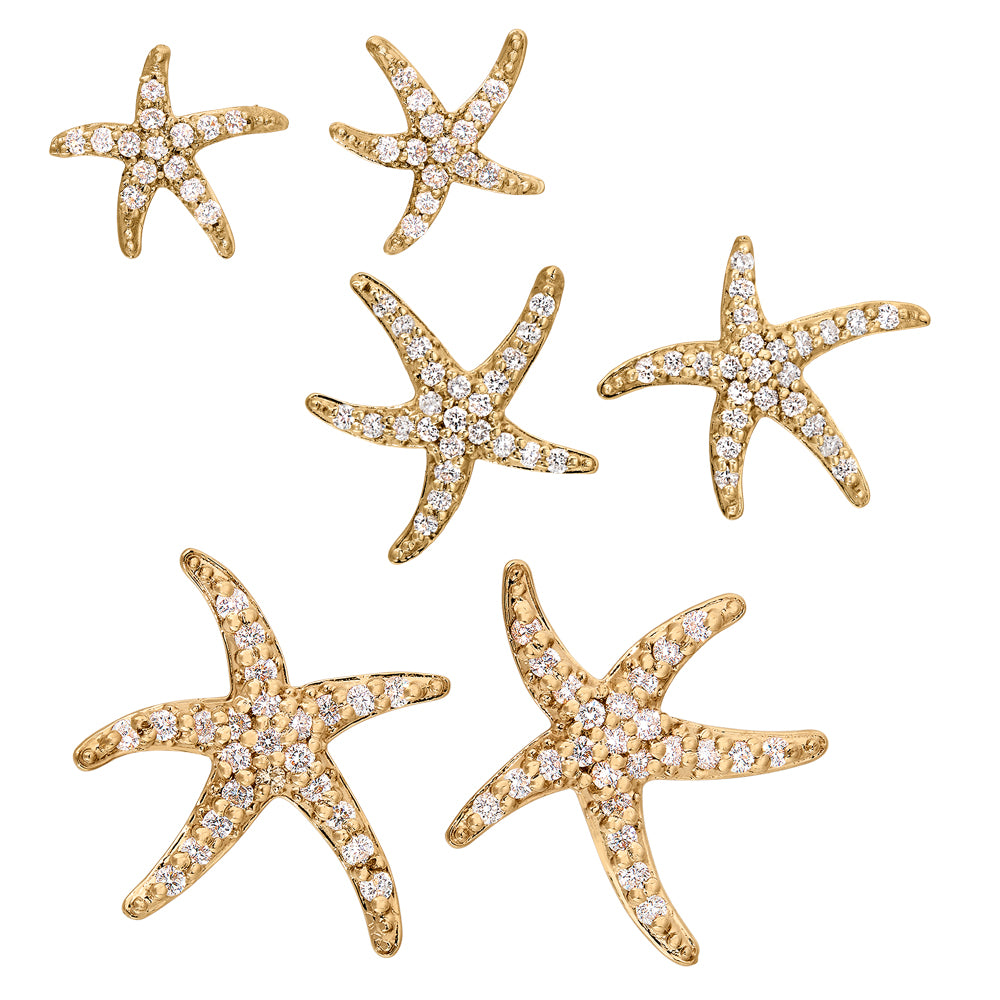 Diamond starfish earrings, starfish gold earrings, beach themed diamond jewelry