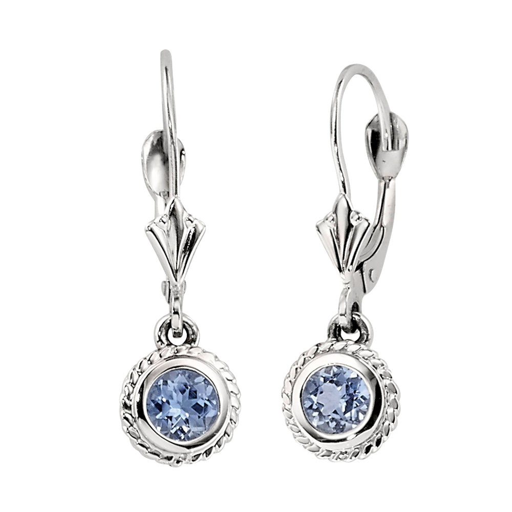 aquamarine birthstone earrings, march birthstone earrings, fleur de lis earrings, coin edge earrings