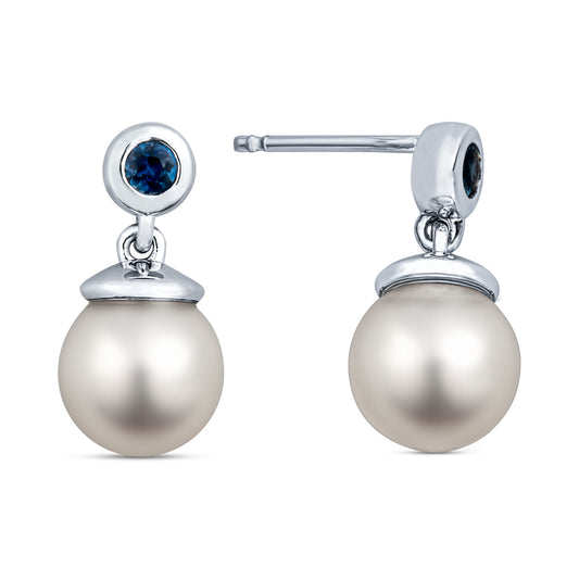 cultured pearl earrings, sapphire earrings, modern pearl earrings