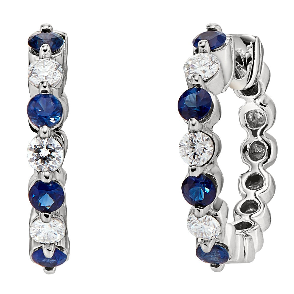 sapphire and diamond hoop, sapphire diamond hoops, delicate precious gemstone diamond hoop earrings