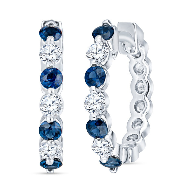Classic diamond and sapphire hoop earrings, diamond and sapphire common prong earrings, simple sapphire and diamond hoops