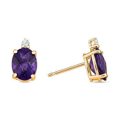 amethyst gold earrings, amethyst diamond earrings, amethyst diamond gold earrings, oval checkerboard gemstone earrings