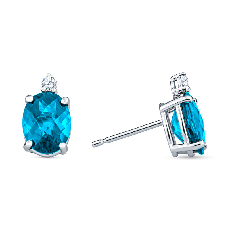 Blue topaz gold earrings, blue topaz diamond earrings, blue topaz diamond gold earrings, oval checkerboard gemstone earrings