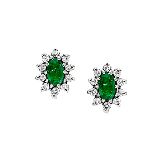 emerald and diamond halo earrings, may birthstone jewelry, emerald birthstone, small gemstone halo earrings