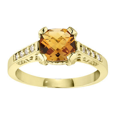 vintage stle ring, antique style ring, citrine and diamond cushion cut ring, antique style rings, citrine diamond gold ring