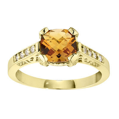 vintage style ring, antique style ring, citrine and diamond cushion cut ring, antique style rings, citrine diamond gold ring