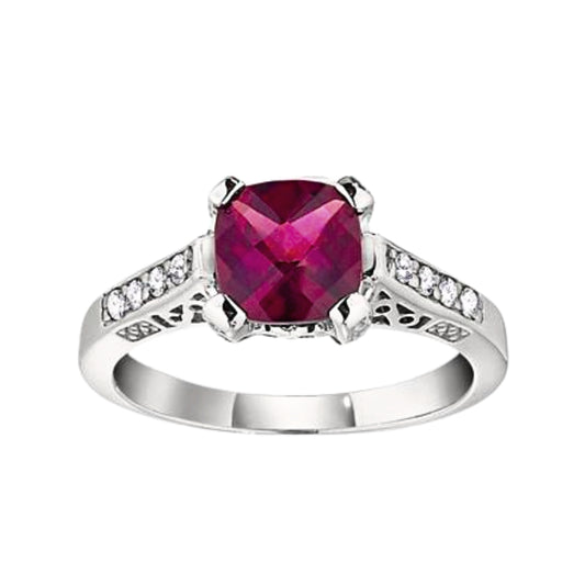 vintage style ring, antique style ring, rhodolite and diamond cushion cut ring, antique style rings, rhodolite garnet gold ring, rhodolite diamond gold ring, cushion rhodolite ring